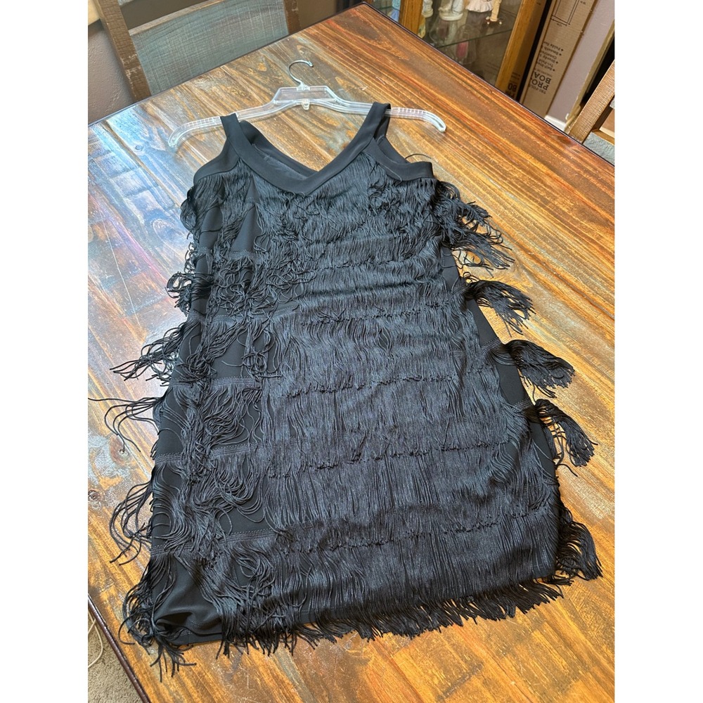 White House‎ Black Market Black Tiered Fringe Flapper WHBM Dress XS Sleeveless